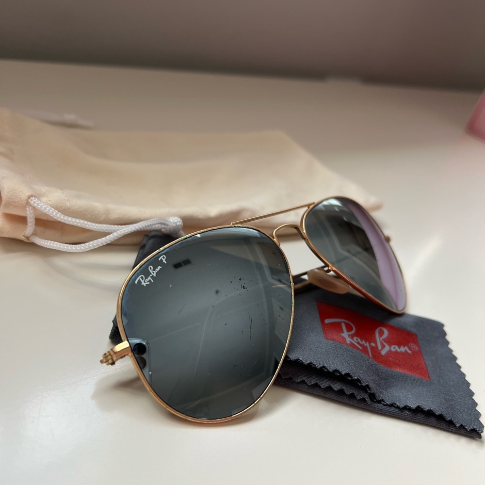 Ray-Ban Polarized Gold Frame Aviator Sunglasses with Blue Mirror Lenses